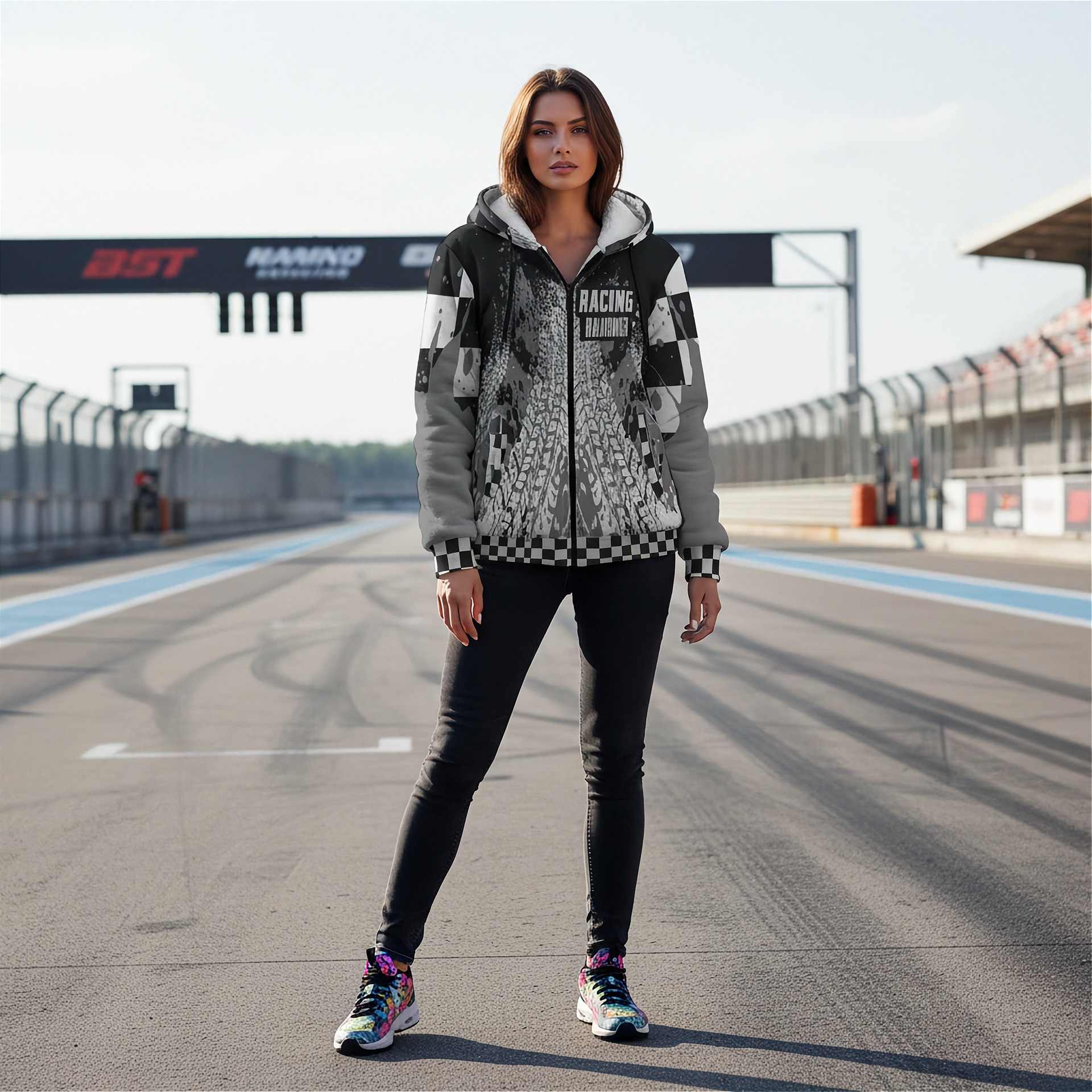 Woman wearing a checkered custom sherpa hoodie and black pants on a race track