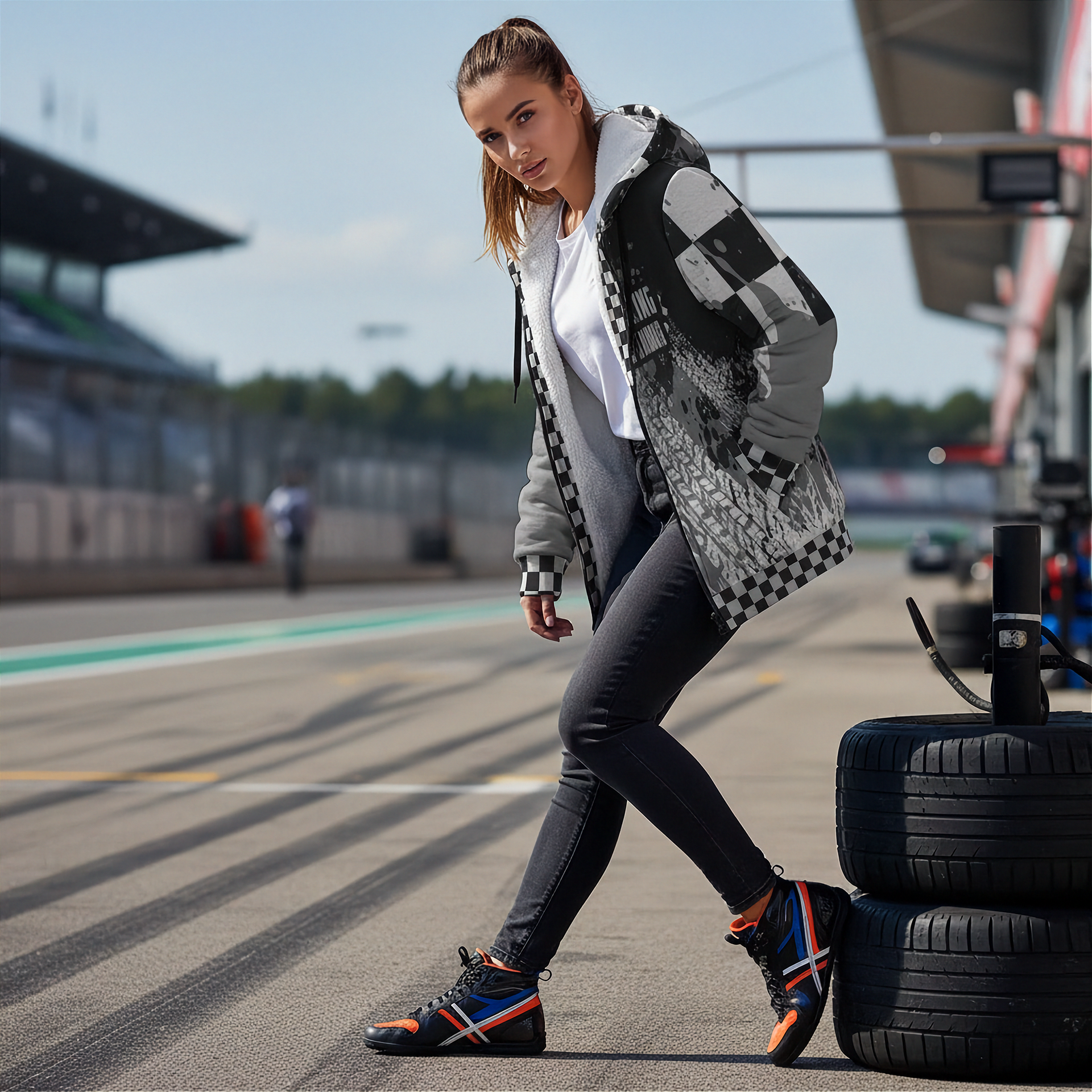 Woman walking on a race track with tires in the background wearing a custom racing sherpa jacket