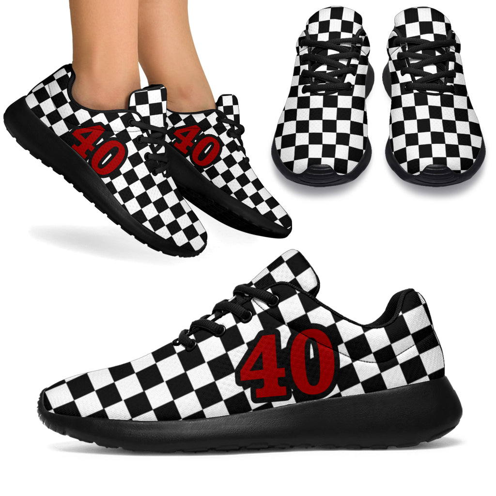 Custom Racing Sneakers featuring a red checkered flag design on a low top motorsports trainer with breathable mesh and high-traction EVA outsoles.