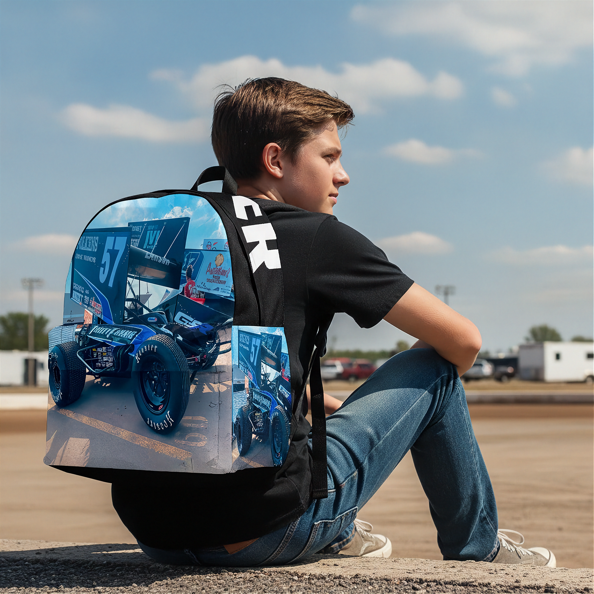 A boy sitting outdoors on a concrete surface wearing a custom-printed racing backpack. The backpack features a blue and white sprint car design with 'Hendrick' branding and a large white 'H' on the back strap.