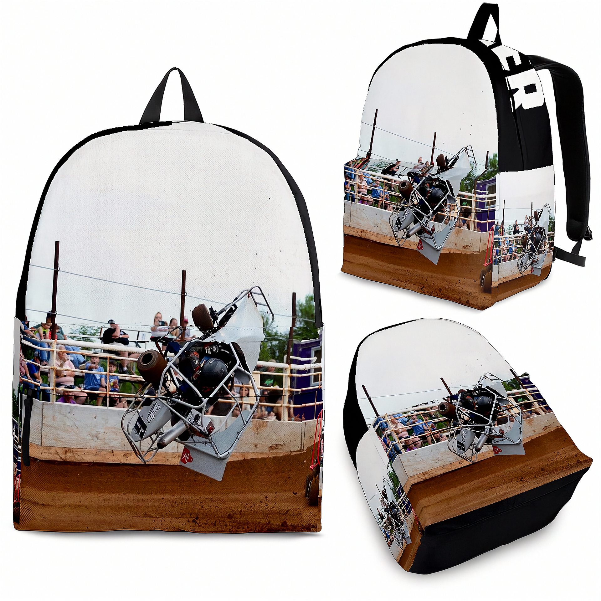 A backpack shown from multiple angles on a white background, featuring a printed graphic of a rodeo scene with a cowboy on a bucking bronco. The backpack has a white body, black straps and trim, and a brown dirt-ground lower section in the print.