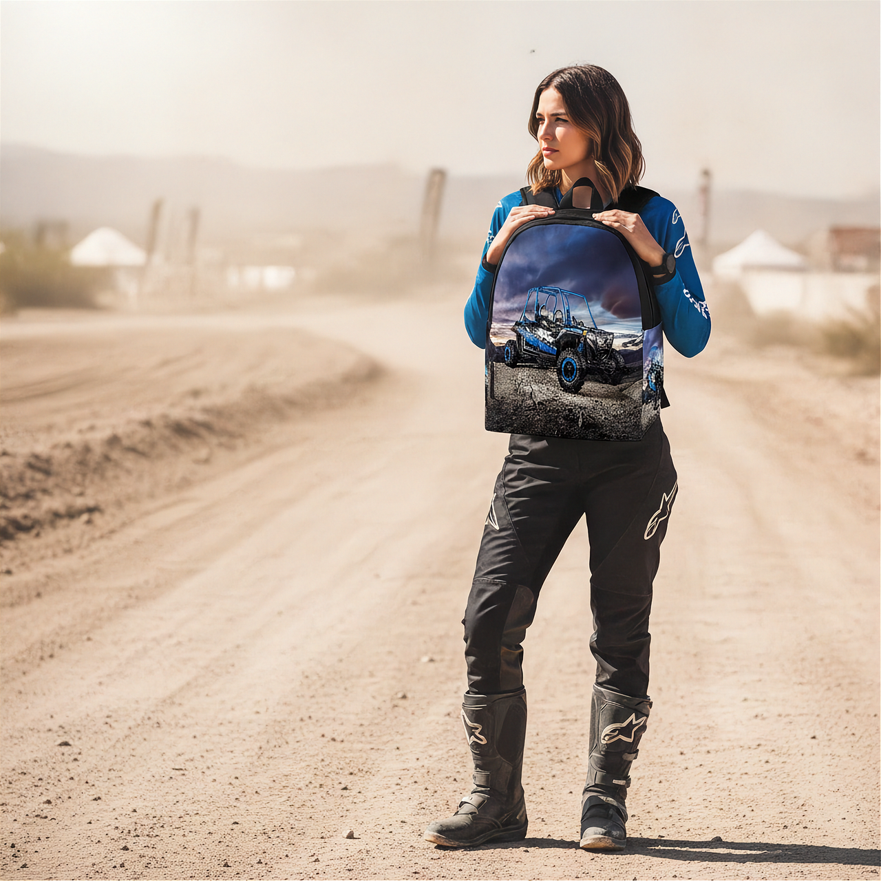 A woman stands on a dusty dirt road wearing a blue and black motocross outfit and carrying a backpack with a printed graphic of a blue off-road vehicle.