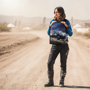 A woman stands on a dusty dirt road wearing a blue and black motocross outfit and carrying a backpack with a printed graphic of a blue off-road vehicle.