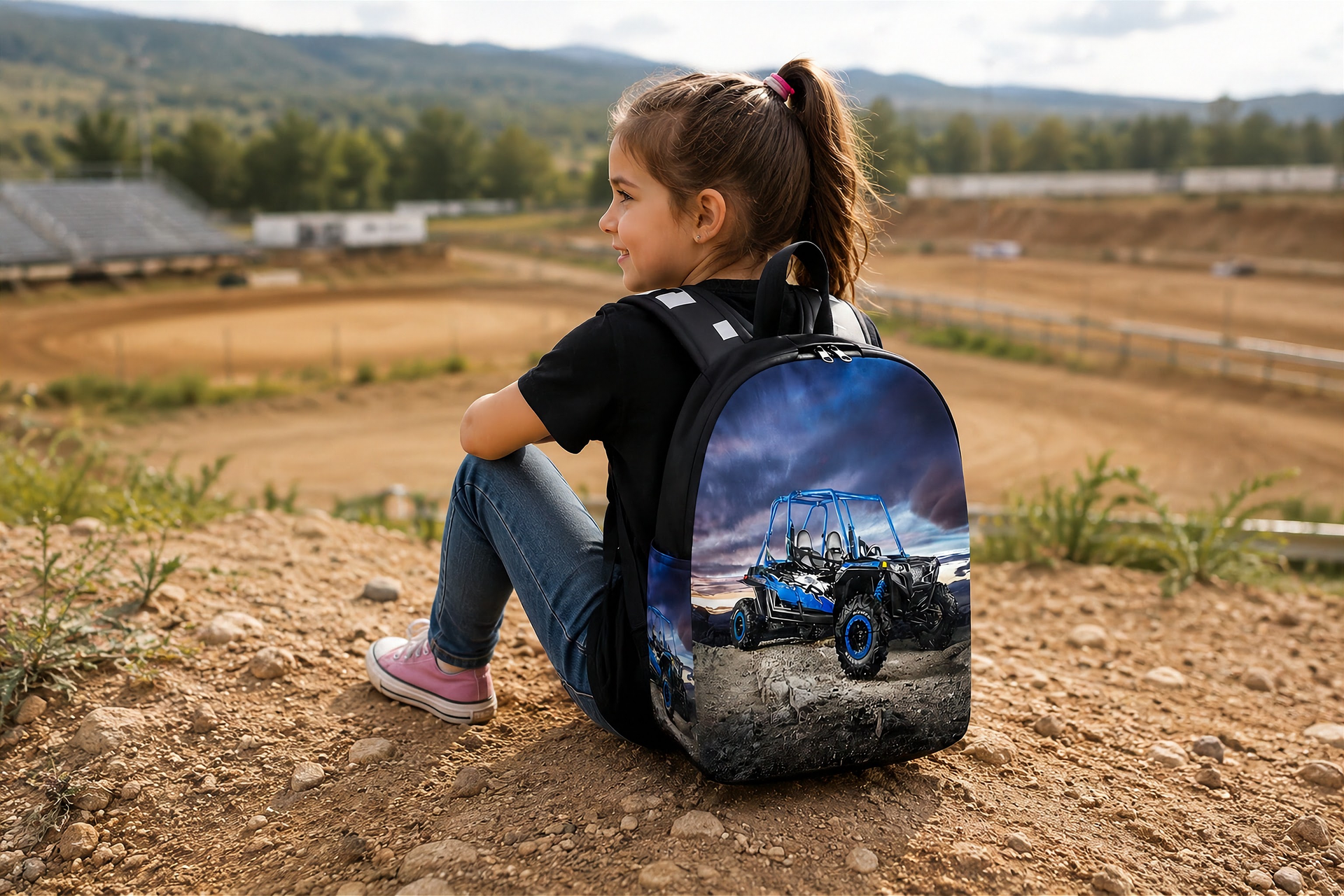 A young girl sits on a dirt hill wearing a black backpack with a printed graphic of a blue UTV off-road vehicle on a rocky trail. The background shows a dirt track, trees, and mountains under a cloudy sky.
