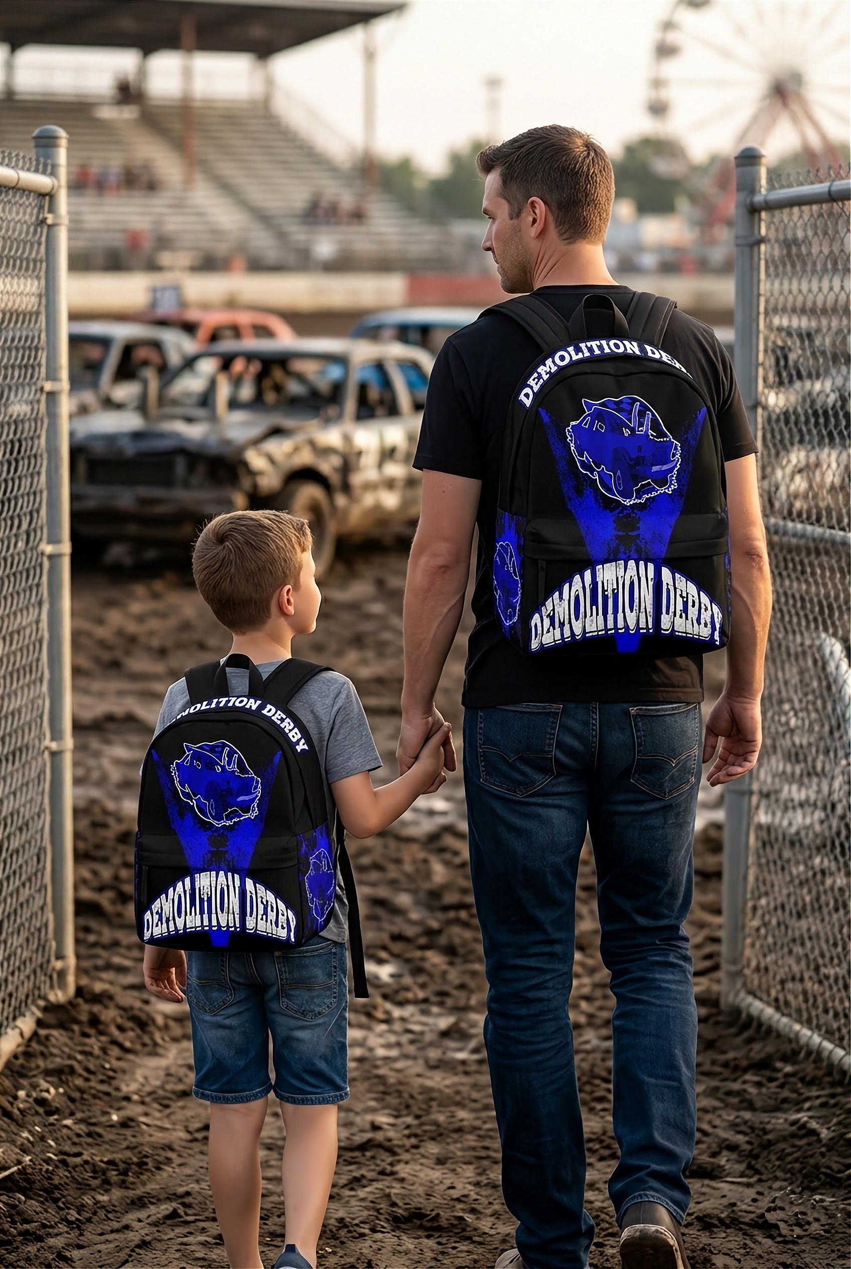 A young boy aged 10 wearing a custom blue demolition derby backpack standing near a muddy fairground arena fence, watching smashed derby cars in the distance with an adult woman by his side.