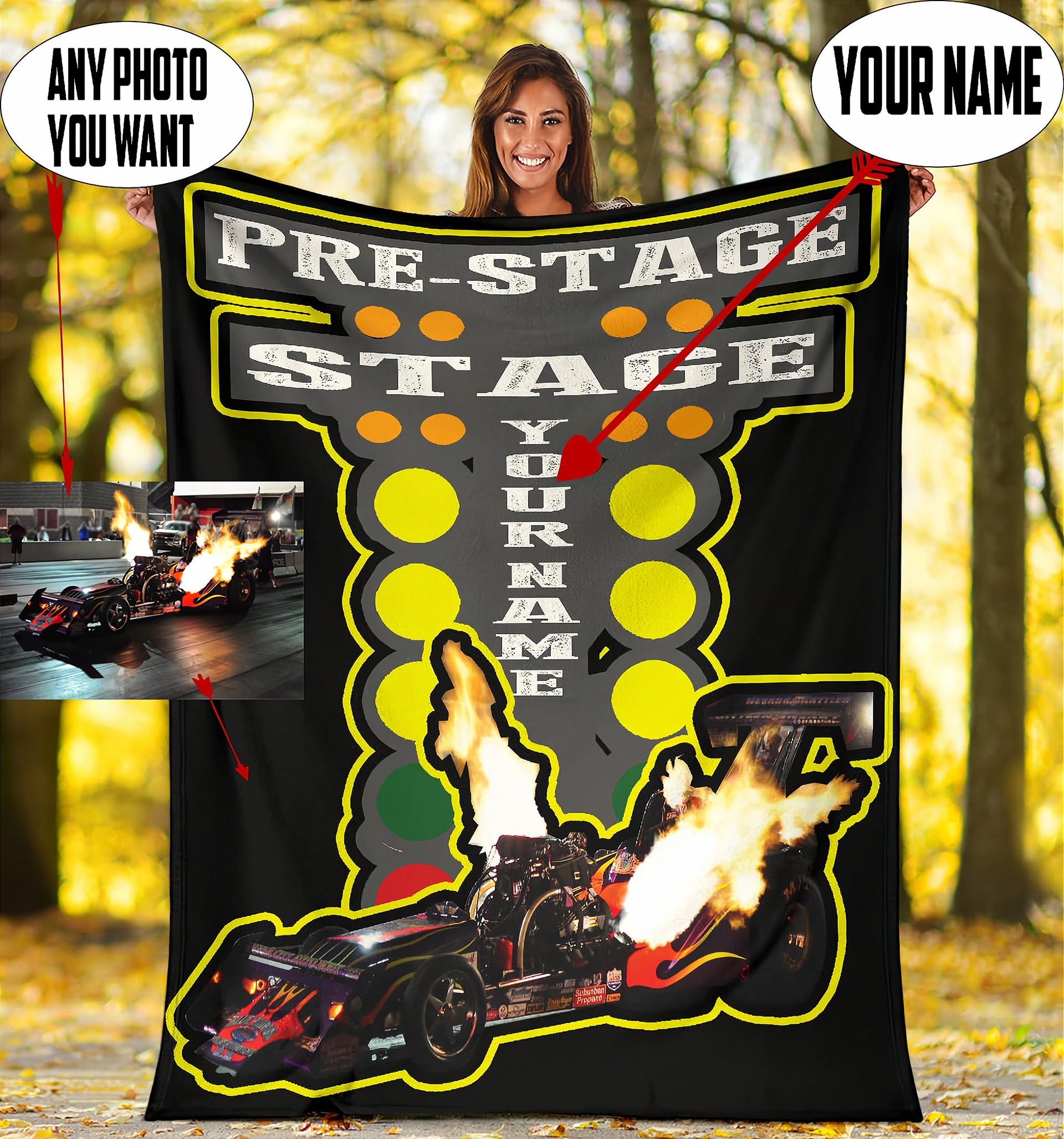 woman holding a large blanket with customizable text and drag racing images in a forest setting.