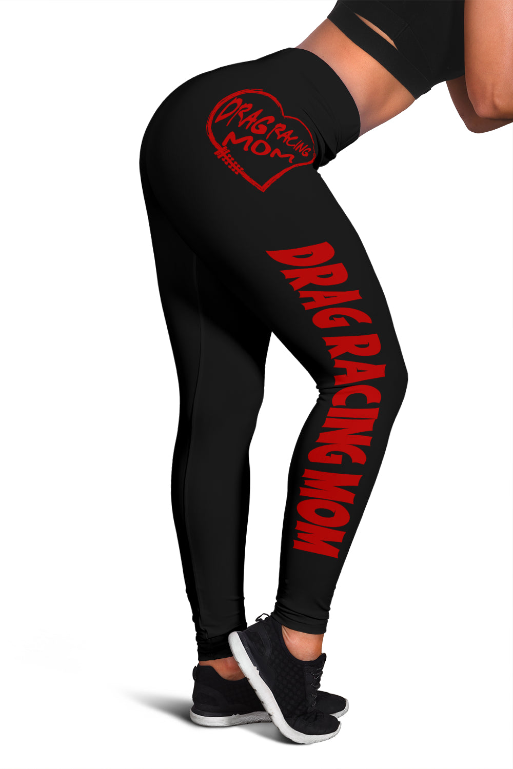 Custom handcrafted Drag Racing Mom Heart Leggings featuring a vibrant fade-resistant print, high-waisted elastic waistband, and premium polyester-spandex blend.