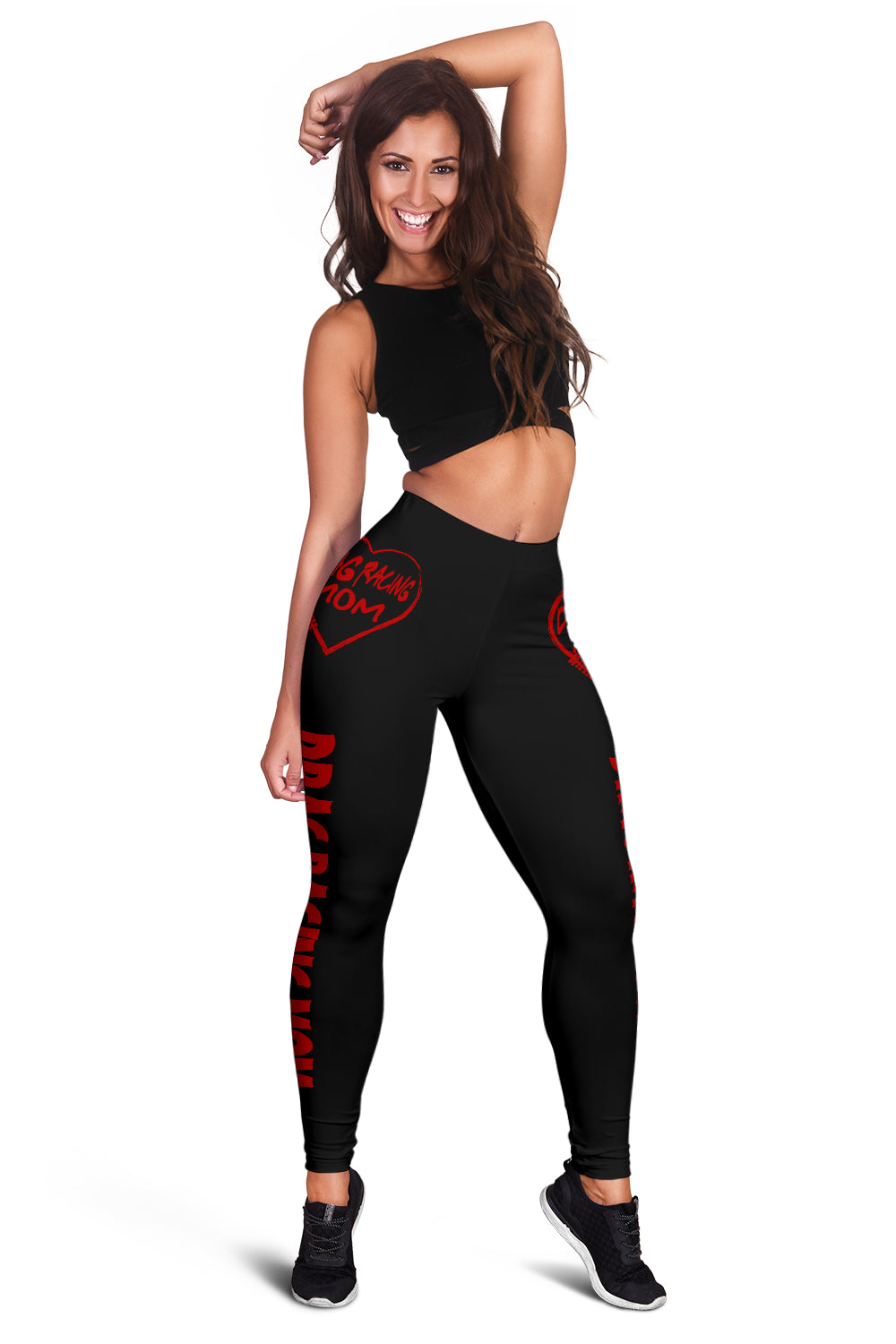 Custom handcrafted Drag Racing Mom Heart Leggings featuring a vibrant fade-resistant print, high-waisted elastic waistband, and premium polyester-spandex blend.
