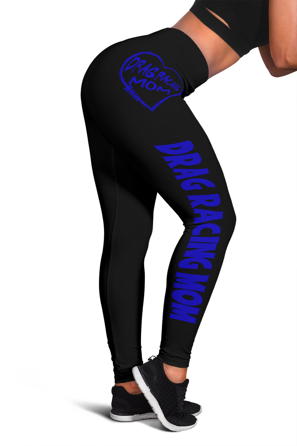 Custom handcrafted Drag Racing Mom Heart Leggings featuring a vibrant fade-resistant print, high-waisted elastic waistband, and premium polyester-spandex blend.