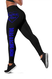 Custom handcrafted Drag Racing Mom Heart Leggings featuring a vibrant fade-resistant print, high-waisted elastic waistband, and premium polyester-spandex blend.1