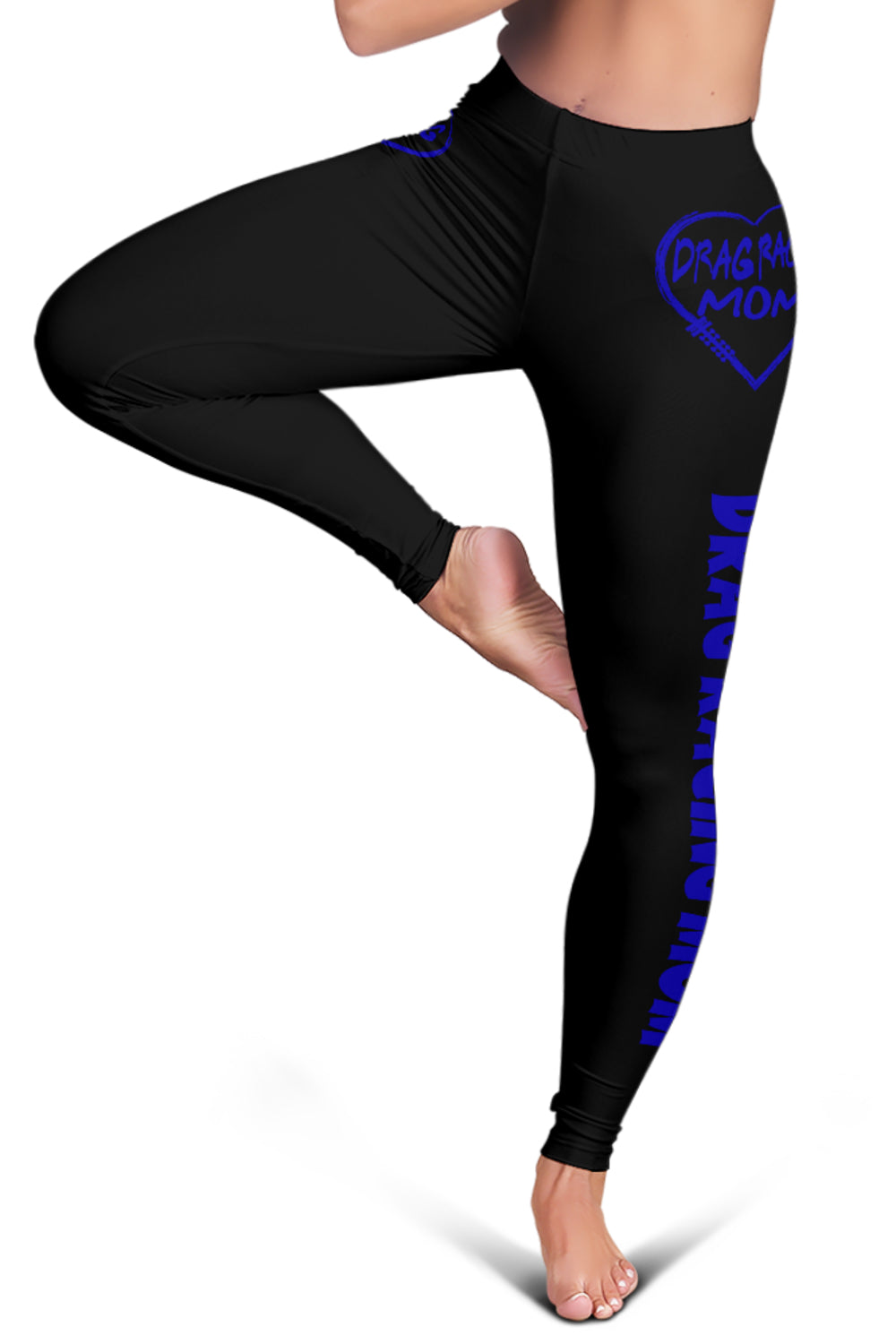 Custom handcrafted Drag Racing Mom Heart Leggings featuring a vibrant fade-resistant print, high-waisted elastic waistband, and premium polyester-spandex blend.1