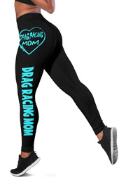 Custom handcrafted Drag Racing Mom Heart Leggings featuring a vibrant fade-resistant print, high-waisted elastic waistband, and premium polyester-spandex blend.1