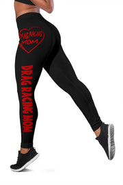 Custom handcrafted Drag Racing Mom Heart Leggings featuring a vibrant fade-resistant print, high-waisted elastic waistband, and premium polyester-spandex blend.