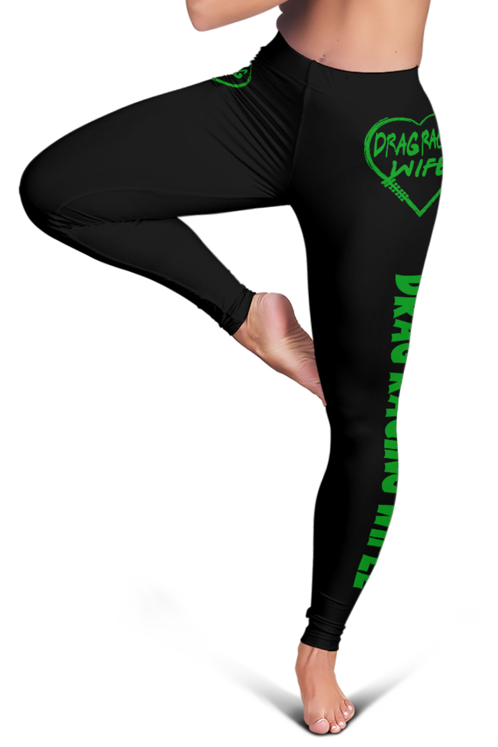 Custom handcrafted Drag Racing Mom Heart Leggings featuring a vibrant fade-resistant print, high-waisted elastic waistband, and premium polyester-spandex blend.2