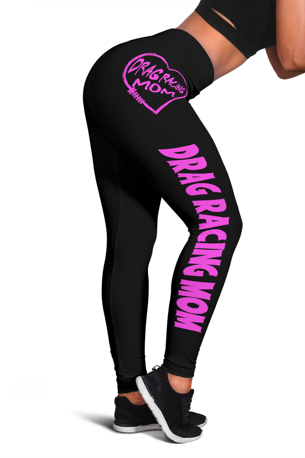 Custom handcrafted Drag Racing Mom Heart Leggings featuring a vibrant fade-resistant print, high-waisted elastic waistband, and premium polyester-spandex blend.2