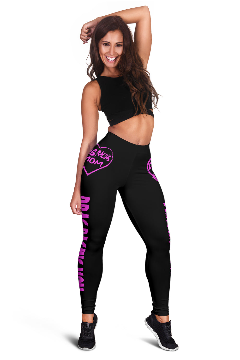 Custom handcrafted Drag Racing Mom Heart Leggings featuring a vibrant fade-resistant print, high-waisted elastic waistband, and premium polyester-spandex blend.2