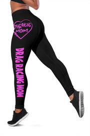 Custom handcrafted Drag Racing Mom Heart Leggings featuring a vibrant fade-resistant print, high-waisted elastic waistband, and premium polyester-spandex blend.2
