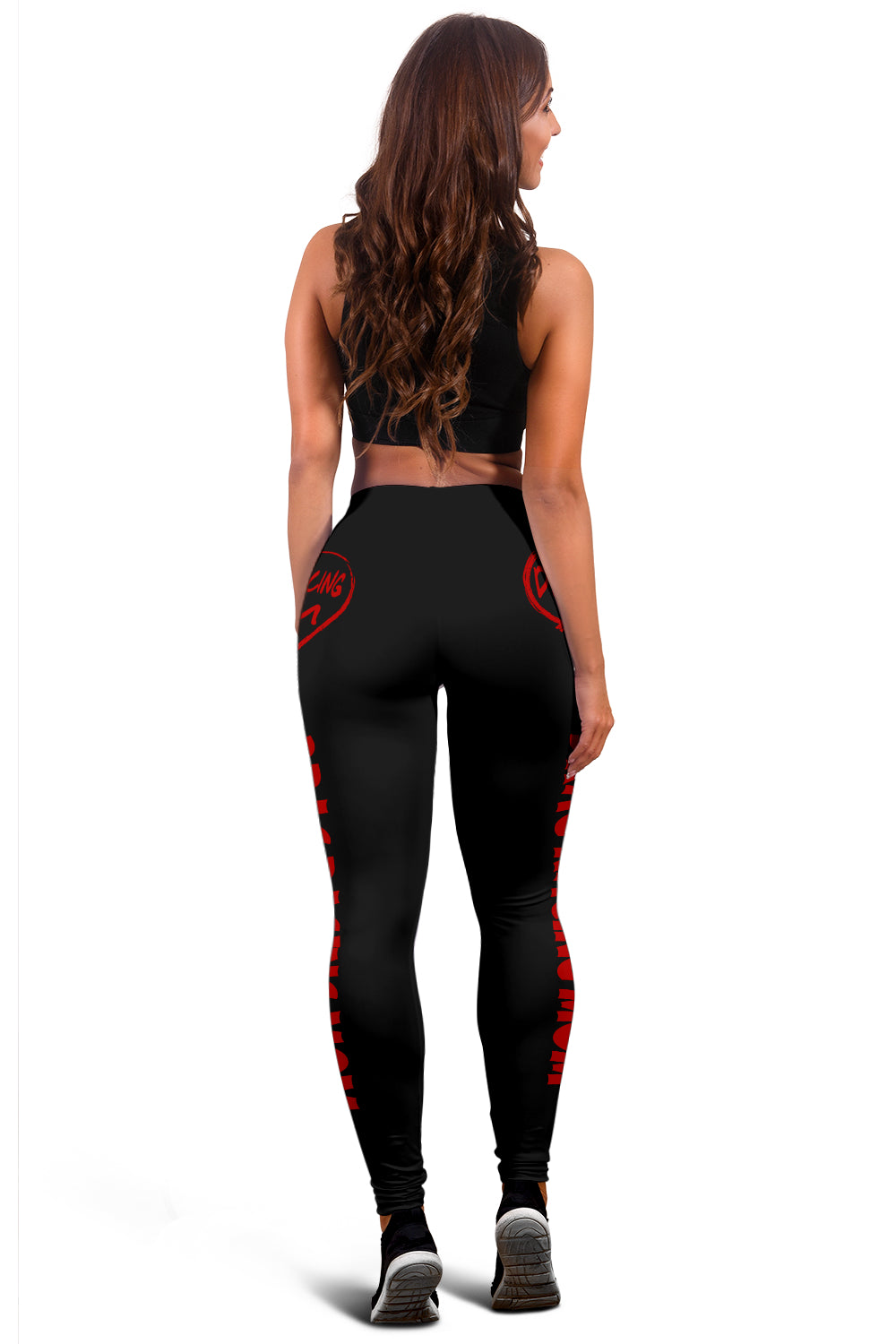 Custom handcrafted Drag Racing Mom Heart Leggings featuring a vibrant fade-resistant print, high-waisted elastic waistband, and premium polyester-spandex blend.