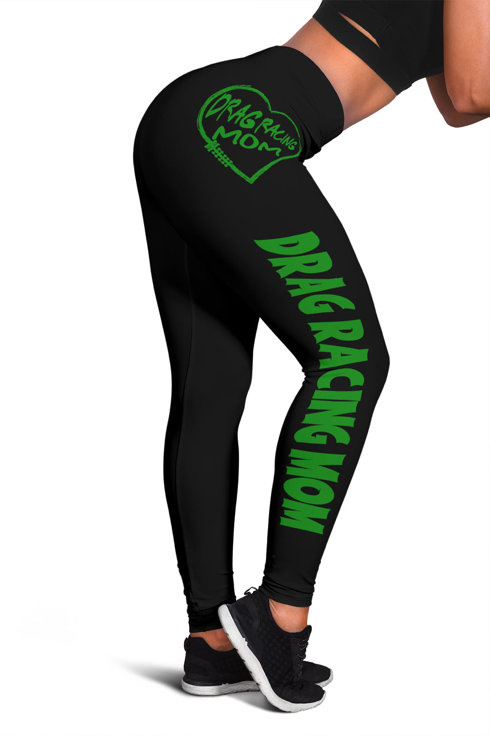 Custom handcrafted Drag Racing Mom Heart Leggings featuring a vibrant fade-resistant print, high-waisted elastic waistband, and premium polyester-spandex blend.3