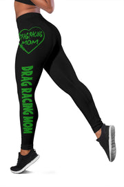 Custom handcrafted Drag Racing Mom Heart Leggings featuring a vibrant fade-resistant print, high-waisted elastic waistband, and premium polyester-spandex blend.3