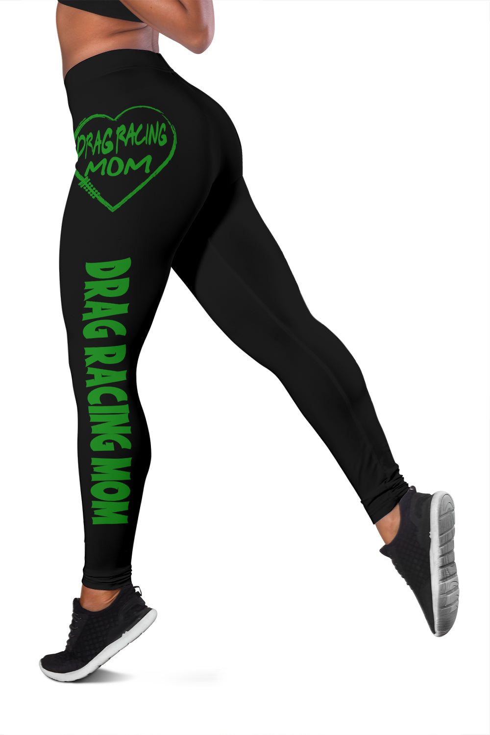 Custom handcrafted Drag Racing Mom Heart Leggings featuring a vibrant fade-resistant print, high-waisted elastic waistband, and premium polyester-spandex blend.3