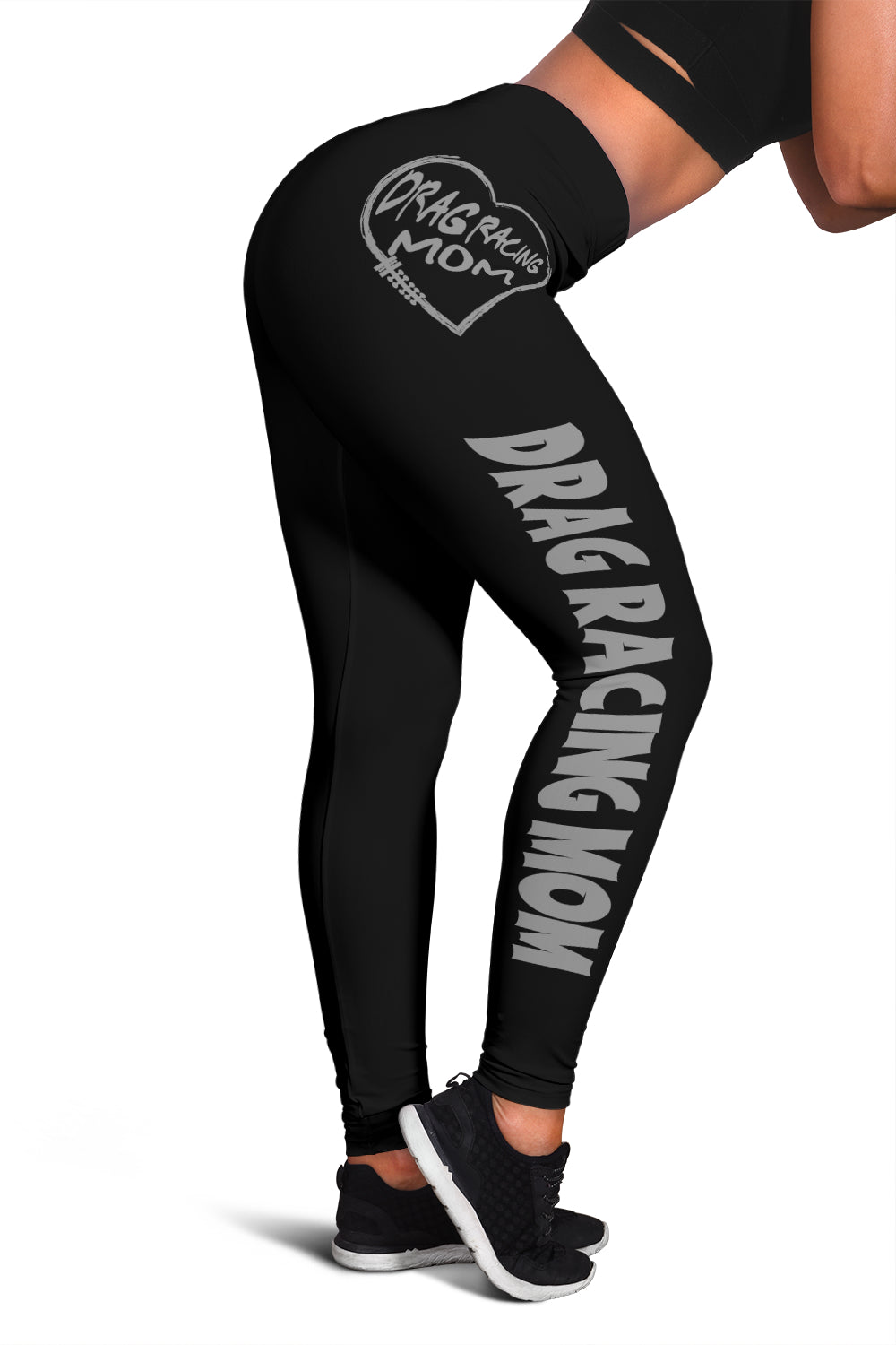 Custom handcrafted Drag Racing Mom Heart Leggings featuring a vibrant fade-resistant print, high-waisted elastic waistband, and premium polyester-spandex blend.3