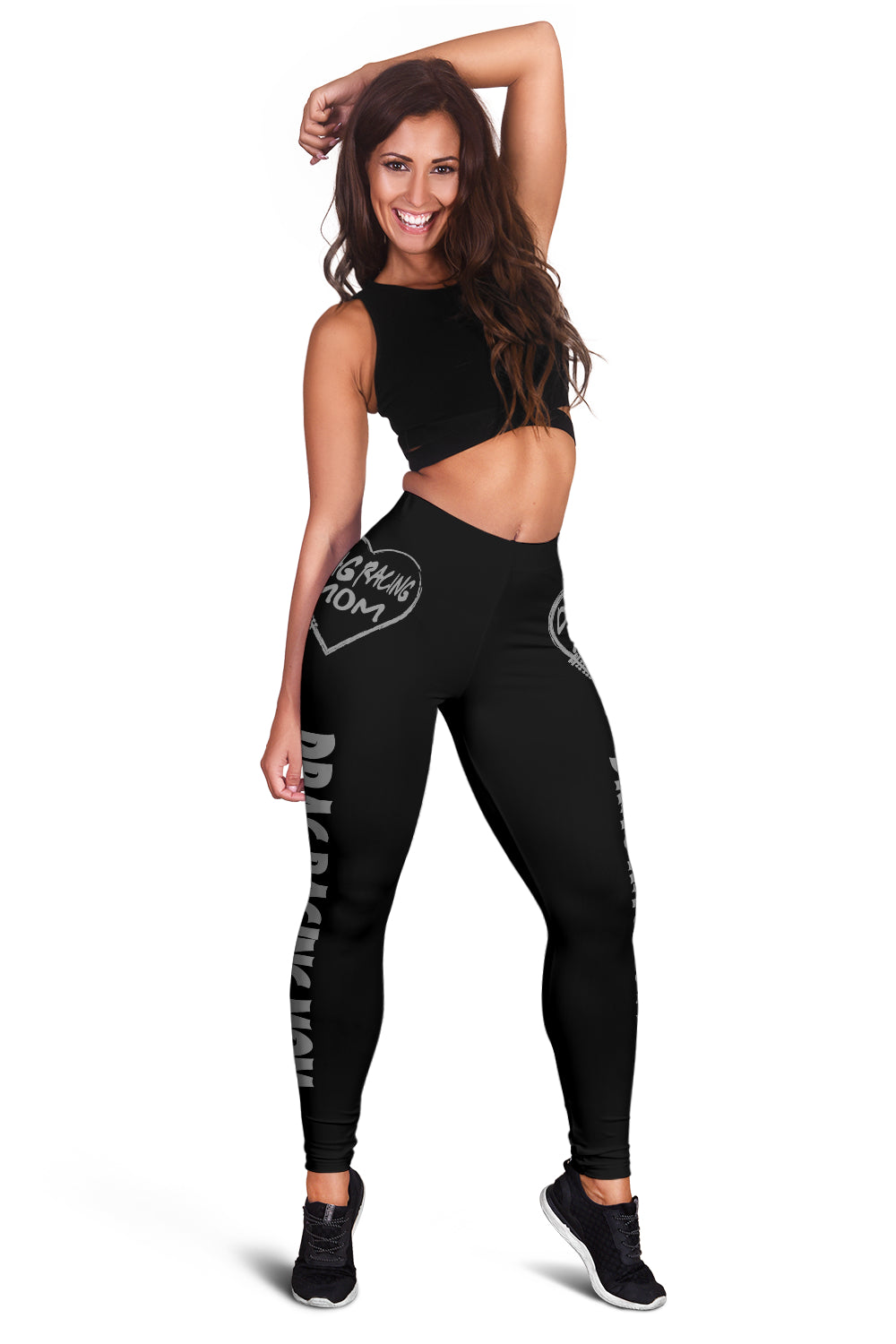 Custom handcrafted Drag Racing Mom Heart Leggings featuring a vibrant fade-resistant print, high-waisted elastic waistband, and premium polyester-spandex blend.3