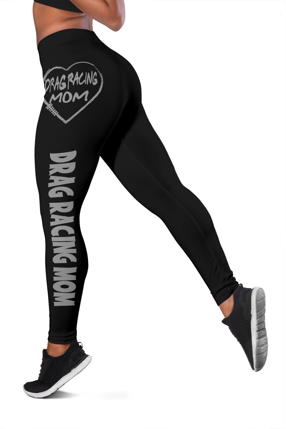 Custom handcrafted Drag Racing Mom Heart Leggings featuring a vibrant fade-resistant print, high-waisted elastic waistband, and premium polyester-spandex blend.3