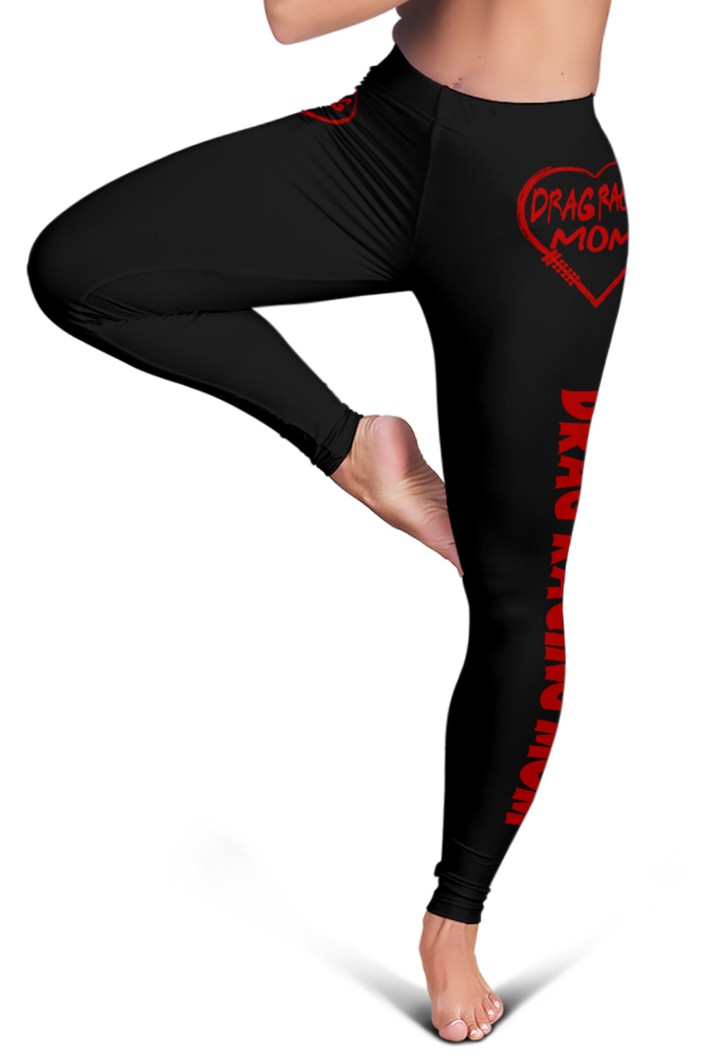 Custom handcrafted Drag Racing Mom Heart Leggings featuring a vibrant fade-resistant print, high-waisted elastic waistband, and premium polyester-spandex blend.
