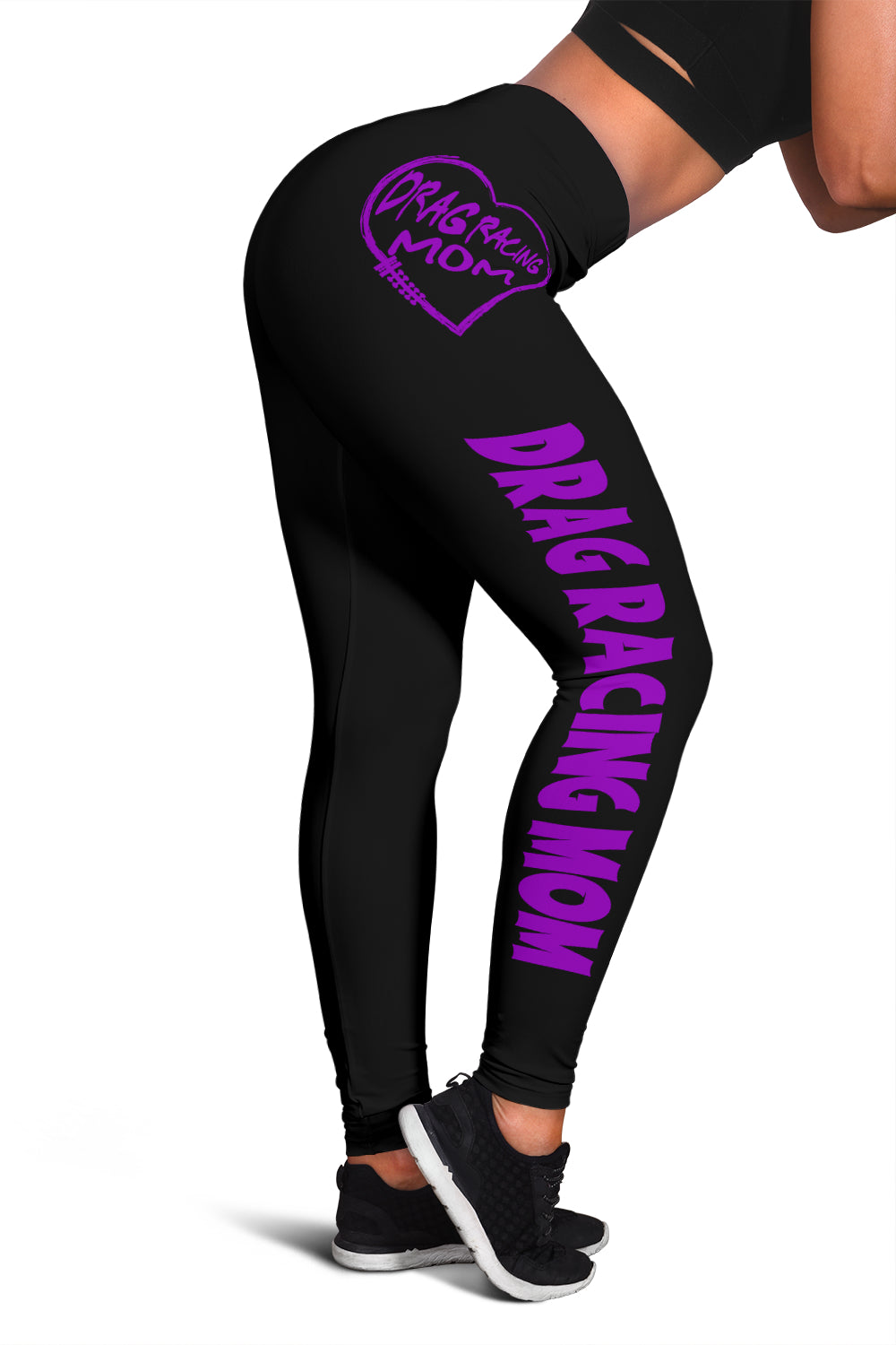 Custom handcrafted Drag Racing Mom Heart Leggings featuring a vibrant fade-resistant print, high-waisted elastic waistband, and premium polyester-spandex blend.4