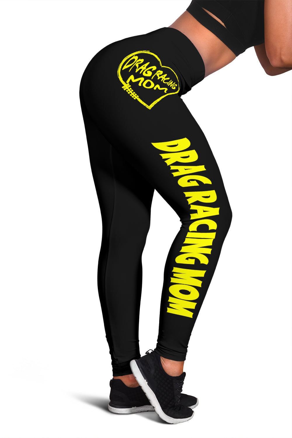 Custom handcrafted Drag Racing Mom Heart Leggings featuring a vibrant fade-resistant print, high-waisted elastic waistband, and premium polyester-spandex blend.4