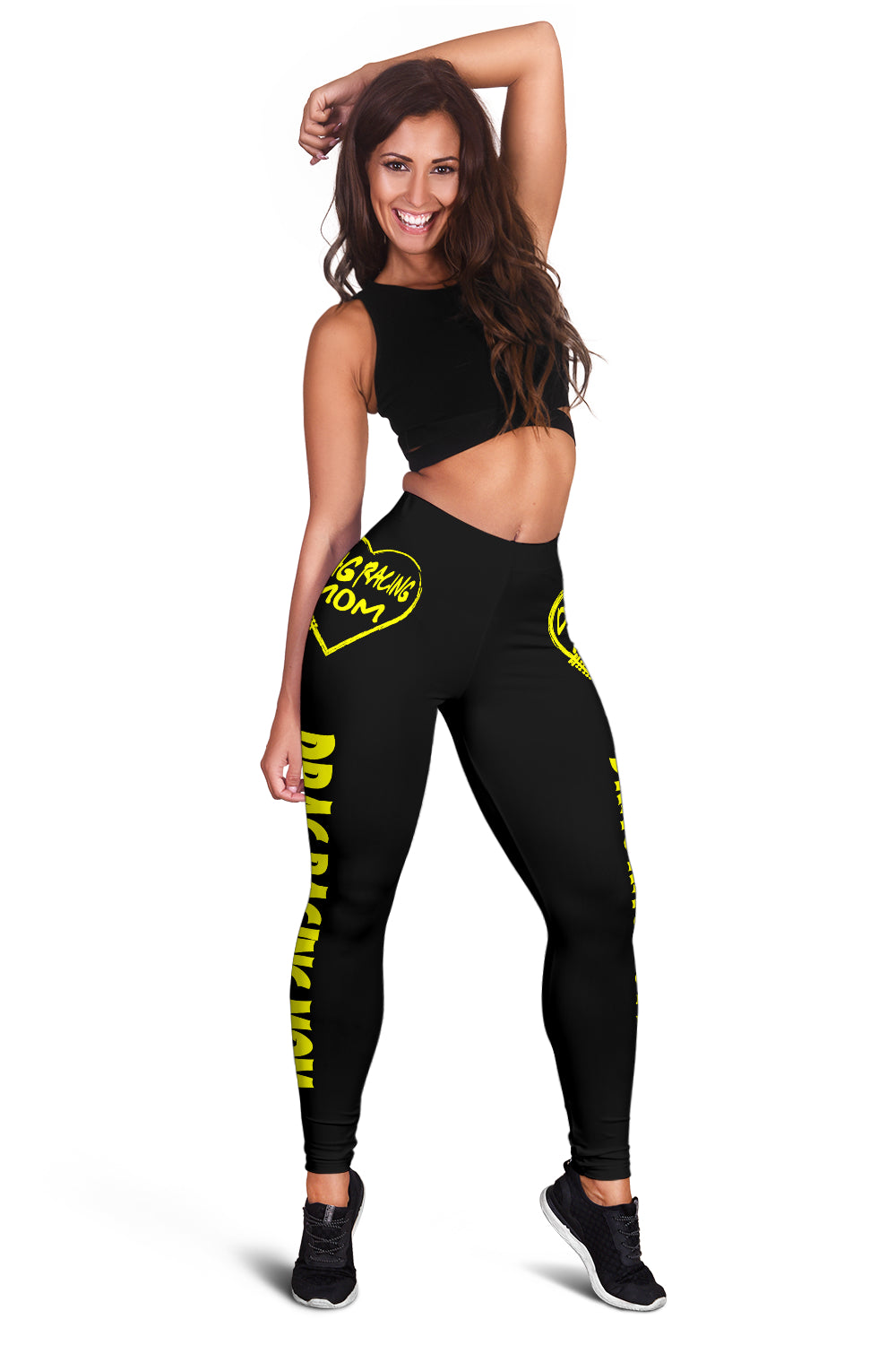 Custom handcrafted Drag Racing Mom Heart Leggings featuring a vibrant fade-resistant print, high-waisted elastic waistband, and premium polyester-spandex blend.4