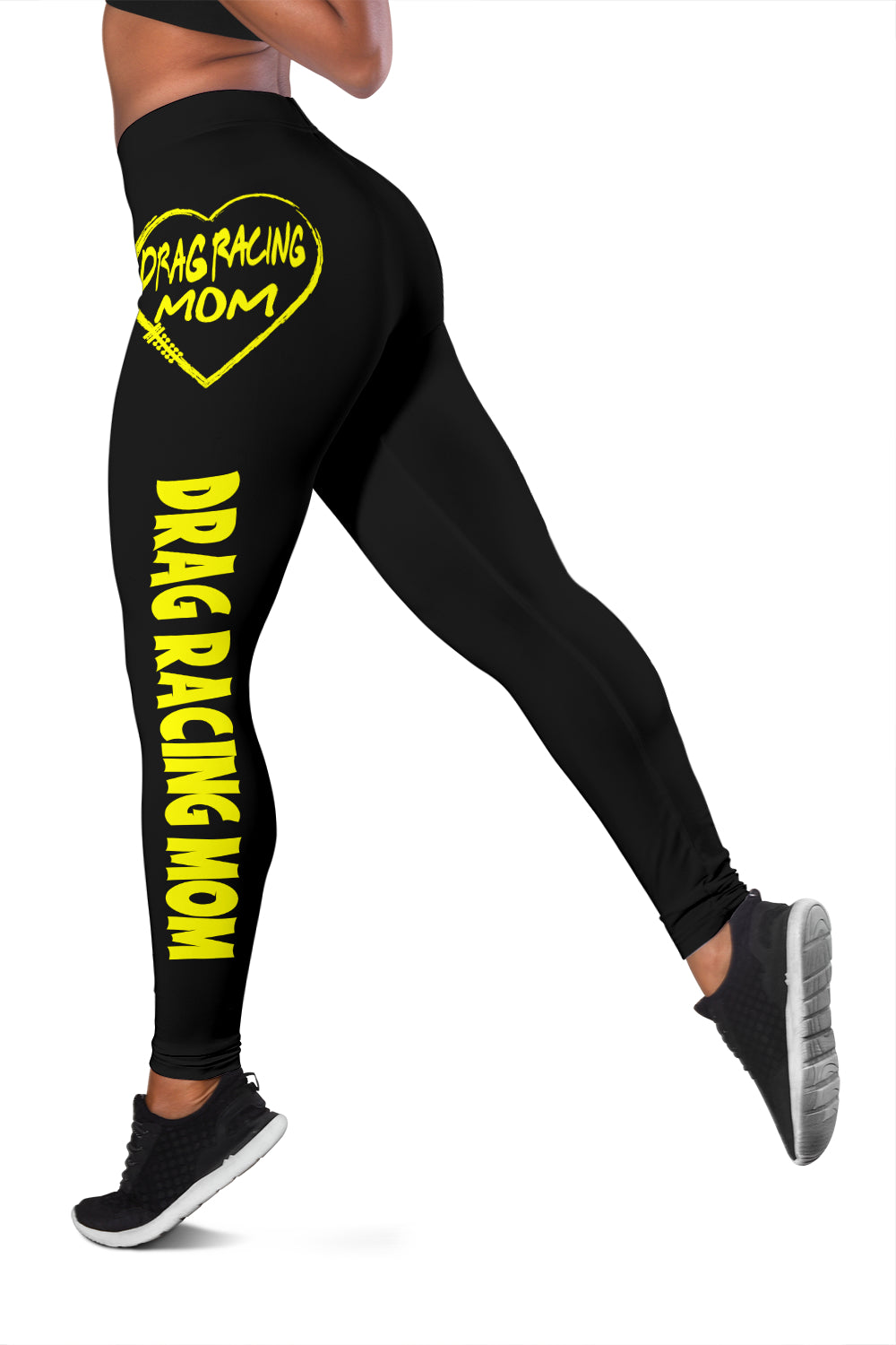 Custom handcrafted Drag Racing Mom Heart Leggings featuring a vibrant fade-resistant print, high-waisted elastic waistband, and premium polyester-spandex blend.4