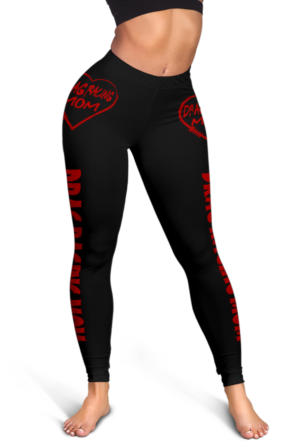 Custom handcrafted Drag Racing Mom Heart Leggings featuring a vibrant fade-resistant print, high-waisted elastic waistband, and premium polyester-spandex blend.