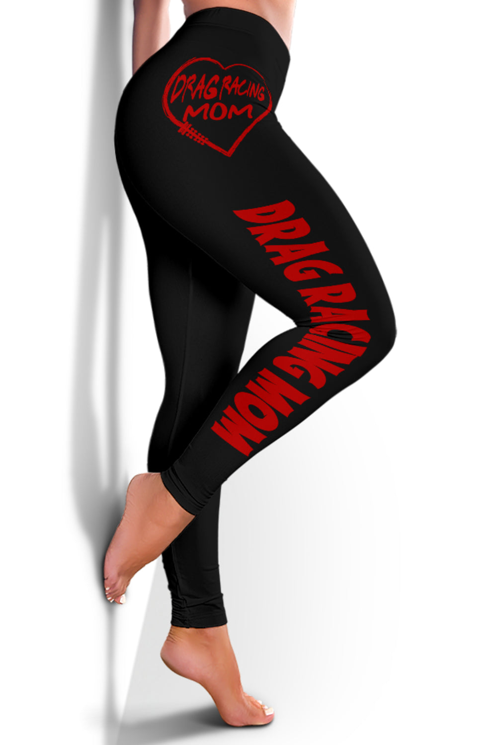 Custom handcrafted Drag Racing Mom Heart Leggings featuring a vibrant fade-resistant print, high-waisted elastic waistband, and premium polyester-spandex blend.