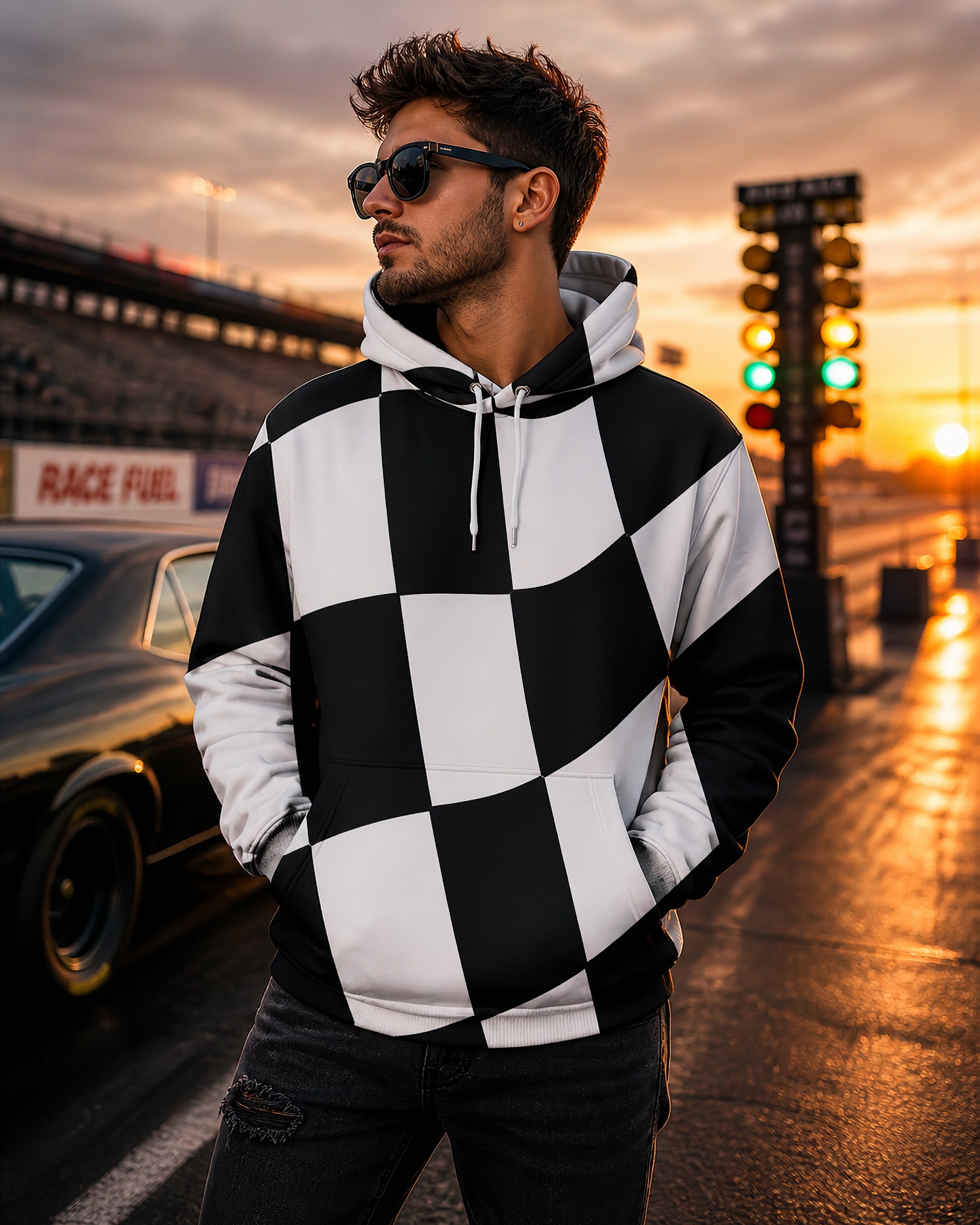 Custom handcrafted Racing Checkered Flag All-Over Print (AOP) Hoodie featuring high-definition fade-resistant graphics on a premium soft polyester blend.