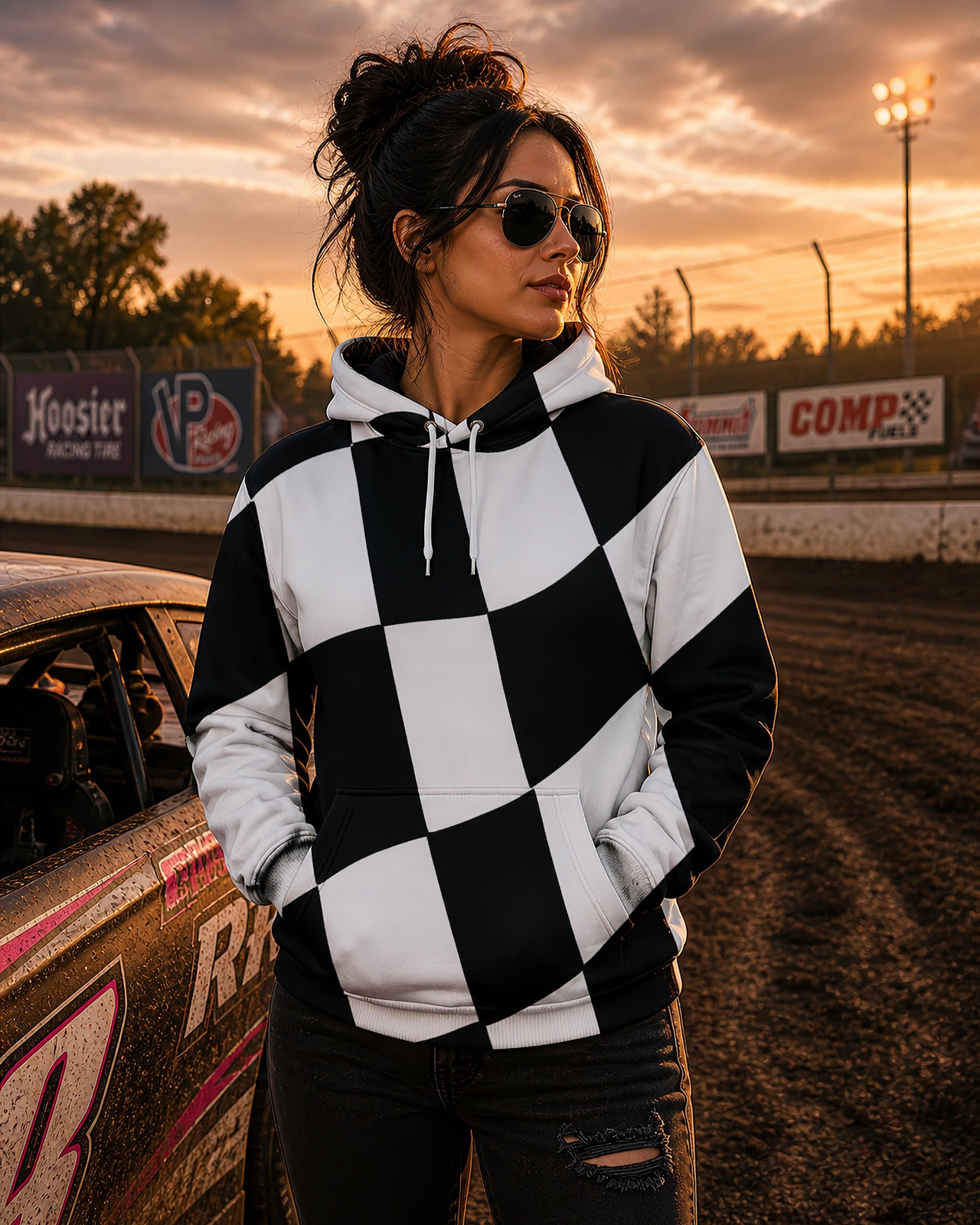 Custom handcrafted Racing Checkered Flag All-Over Print (AOP) Hoodie featuring high-definition fade-resistant graphics on a premium soft polyester blend.