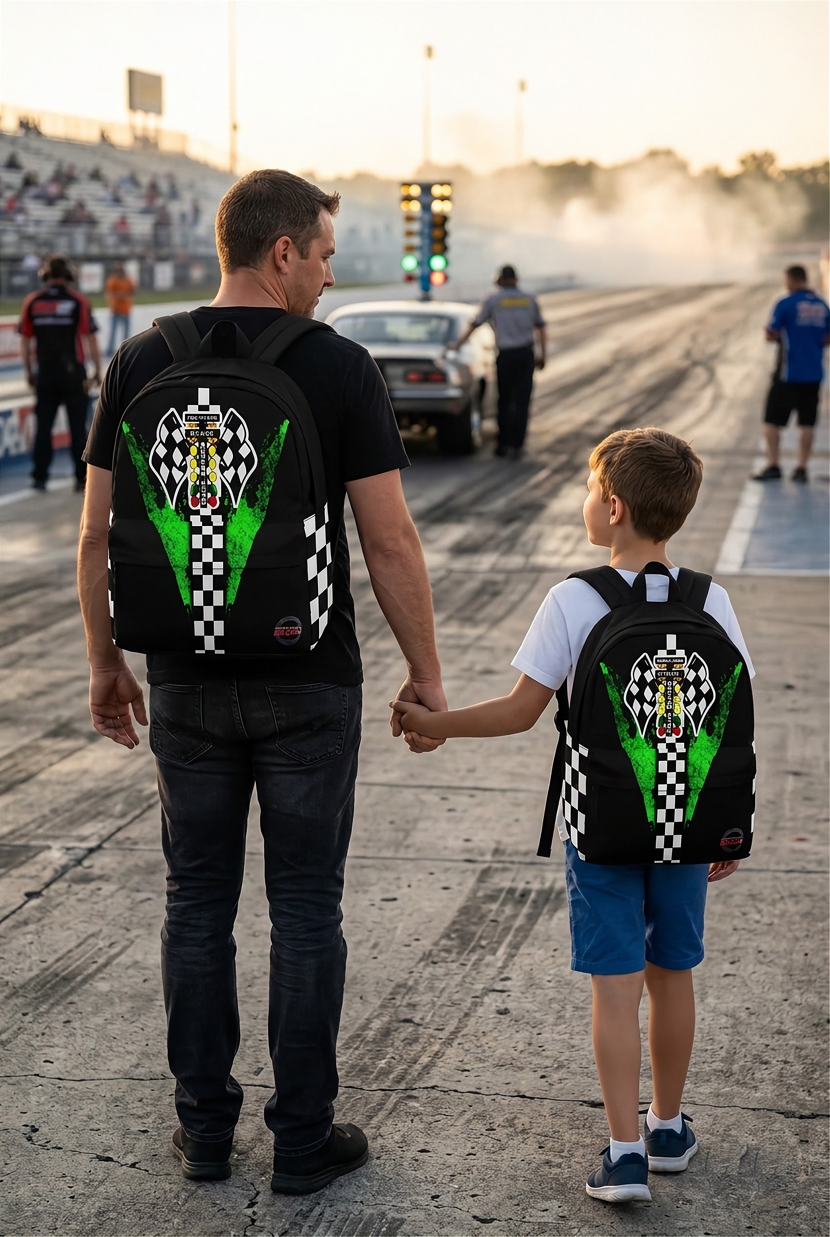 An adult man and an 8 to 12 year old child walking side by side down a drag strip pavement lane toward the staging lights, both wearing identical custom green drag racing track backpacks viewed from behind.