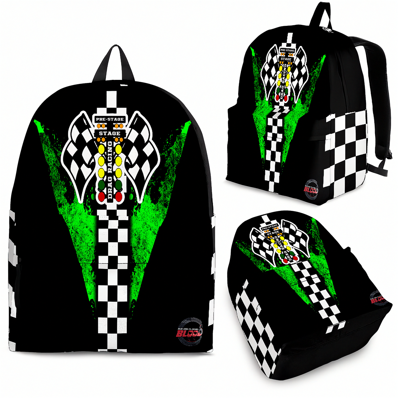An adult man and an 8 to 12 year old child walking side by side down a drag strip pavement lane toward the staging lights, both wearing identical custom green drag racing track backpacks viewed from behind.