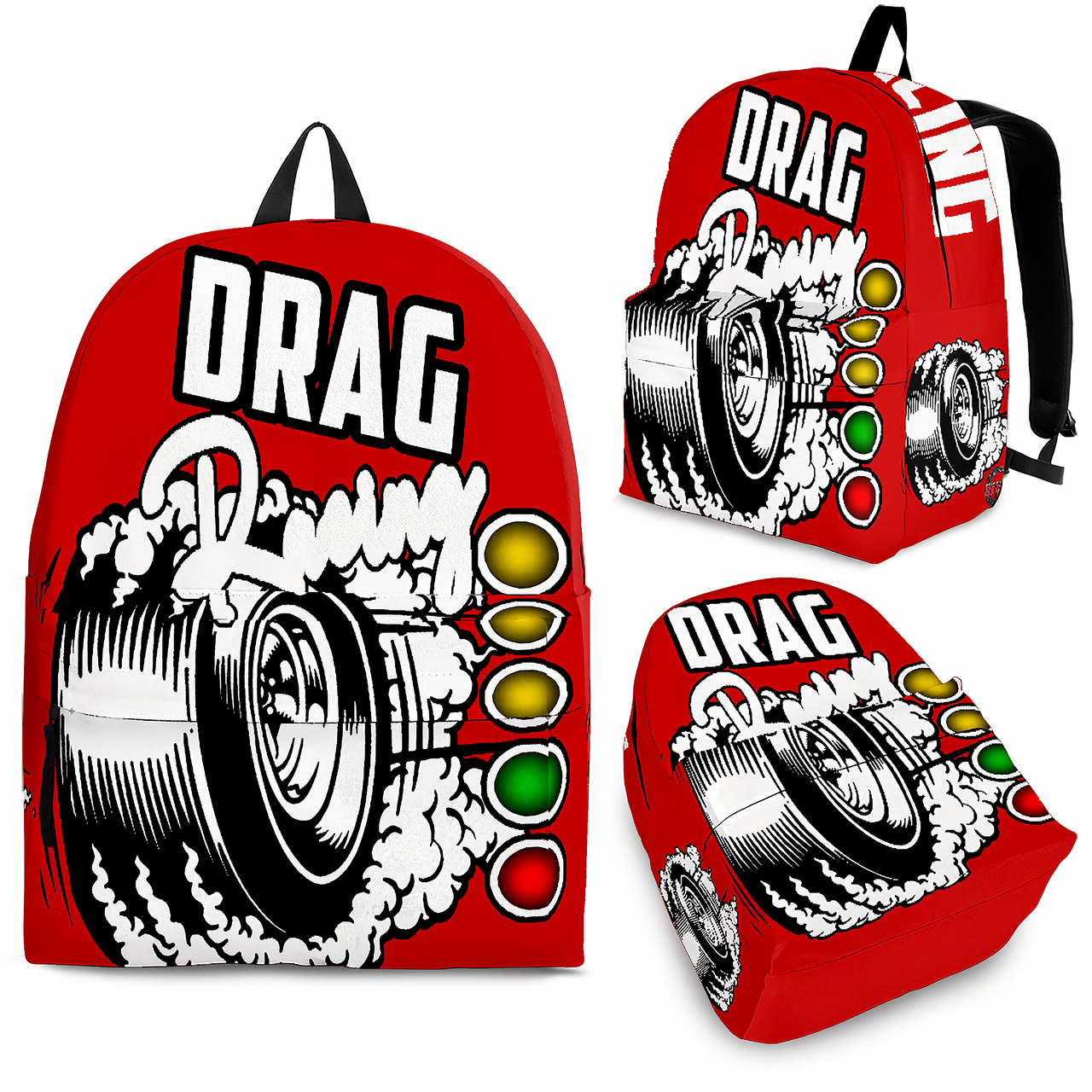 An adult man and an 8 to 12 year old child walking side by side down a drag strip lane toward the staging lights, both wearing matching custom red drag racing track backpacks viewed from behind.