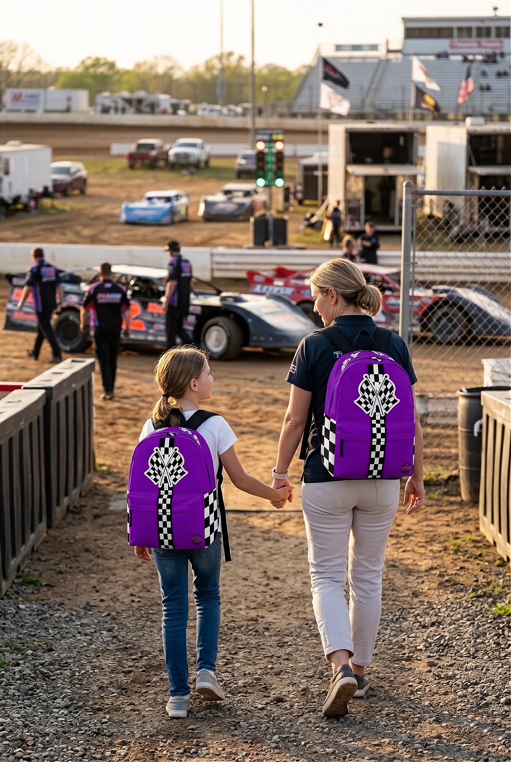 An adult woman and an 8 to 12 year old child walking side by side down a professional race track pit lane, both wearing identical custom new purple racing track backpacks viewed from behind.