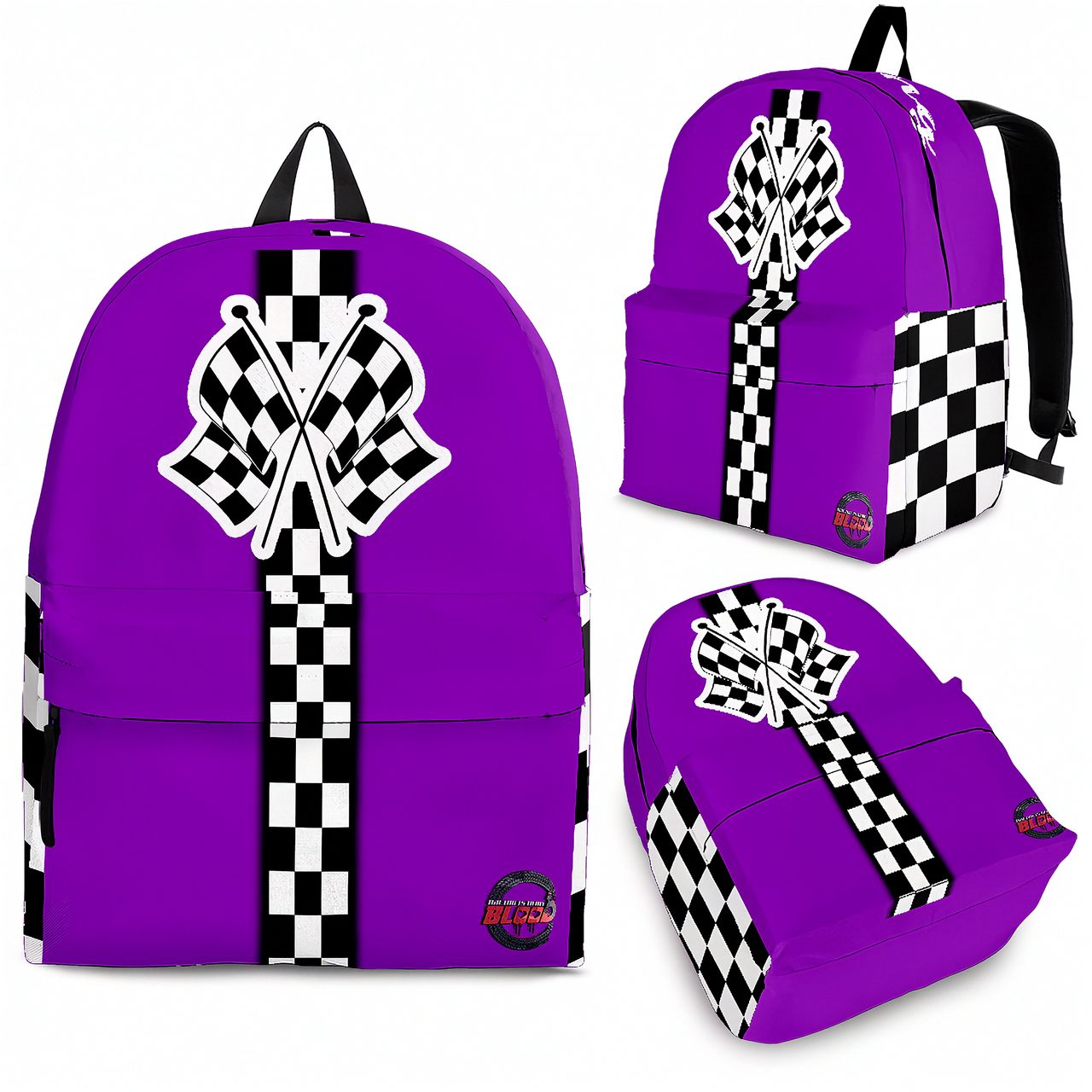 An adult woman and an 8 to 12 year old child walking side by side down a professional race track pit lane, both wearing identical custom new purple racing track backpacks viewed from behind.