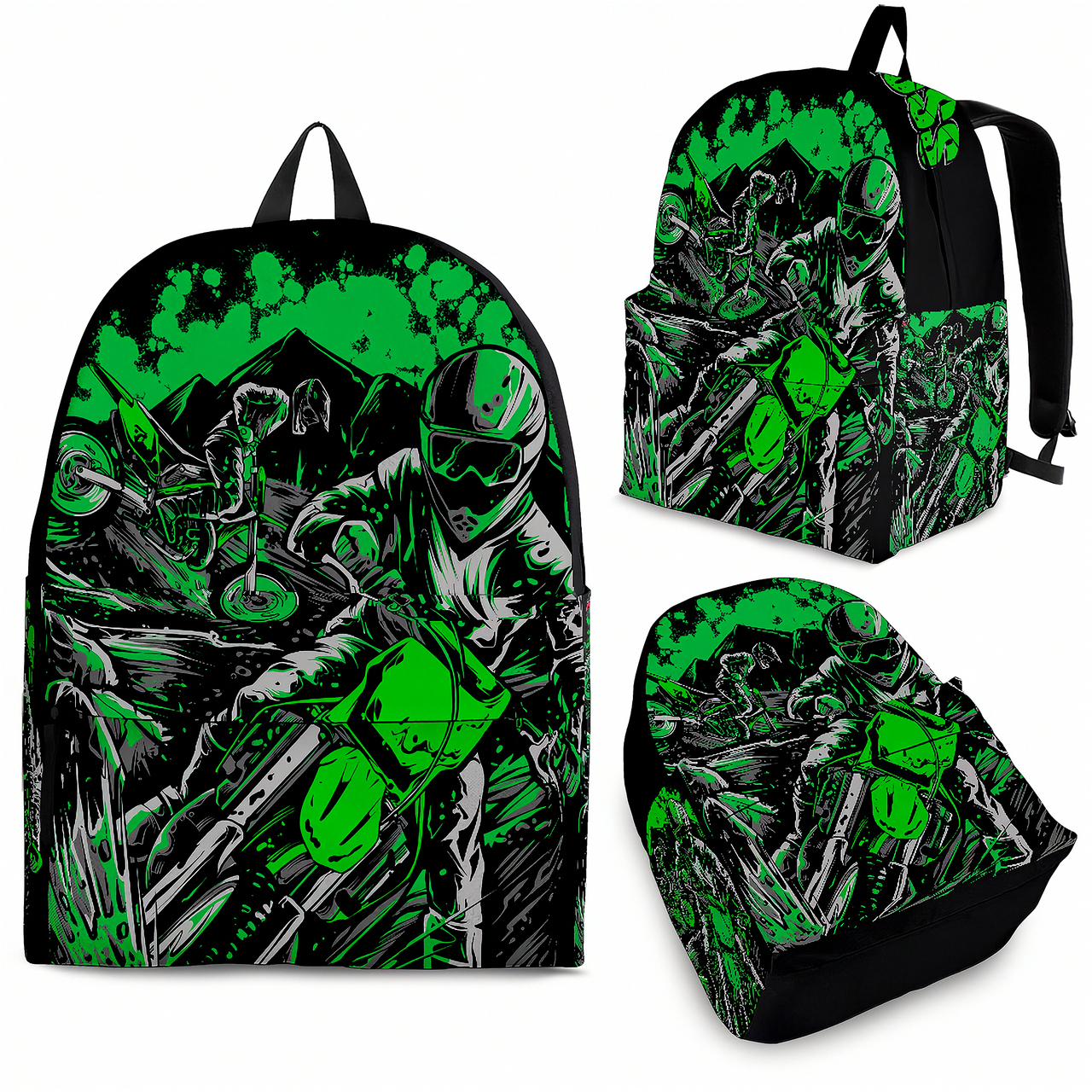 An adult man and an 8 to 12 year old child walking together toward an outdoor dirt track racing oval, both wearing matching custom green motocross track backpacks viewed from behind.