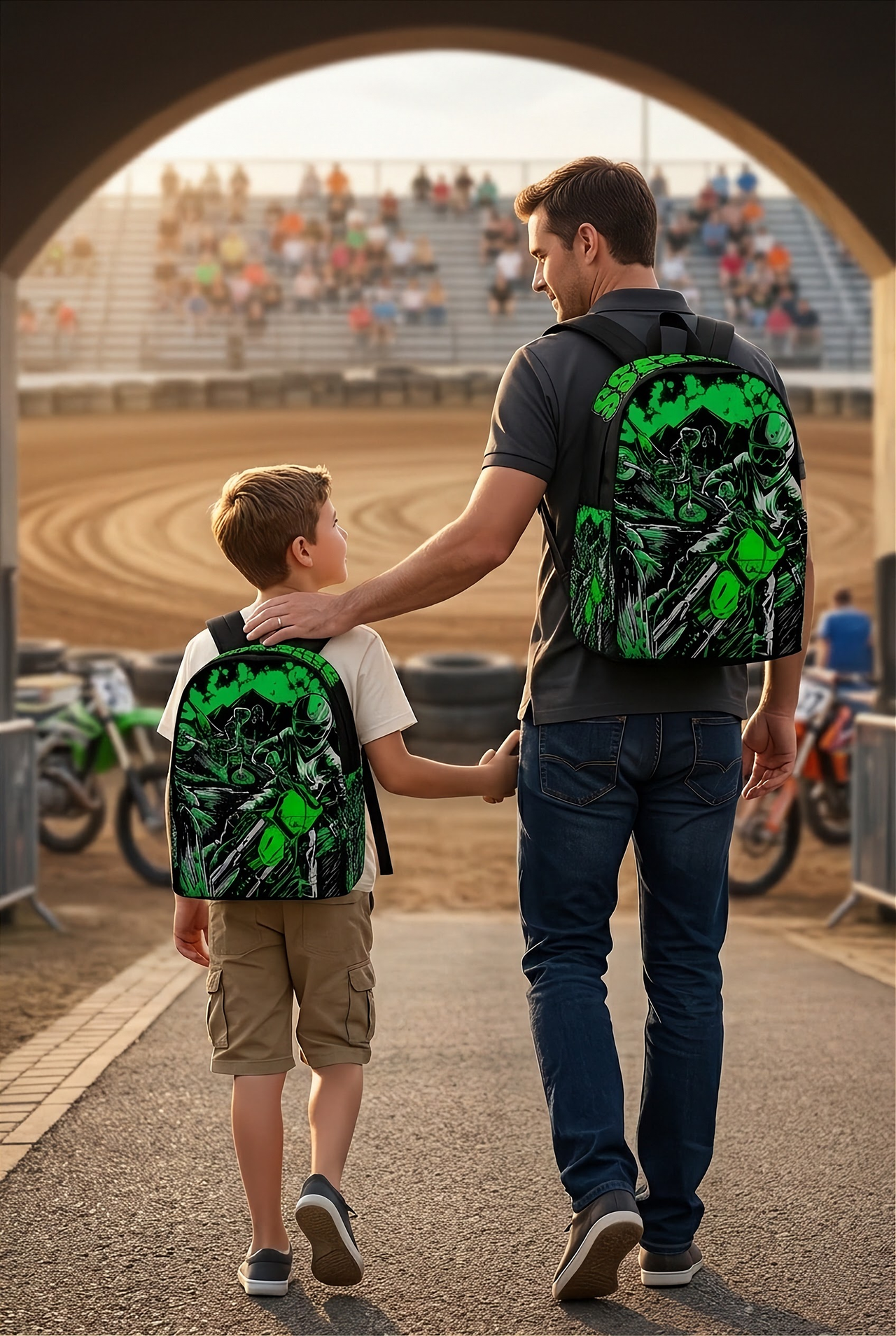 An adult man and an 8 to 12 year old child walking together toward an outdoor dirt track racing oval, both wearing matching custom green motocross track backpacks viewed from behind.