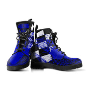 Deep Blue Racing Girl Boots with a custom double-sided racing print and white laces.