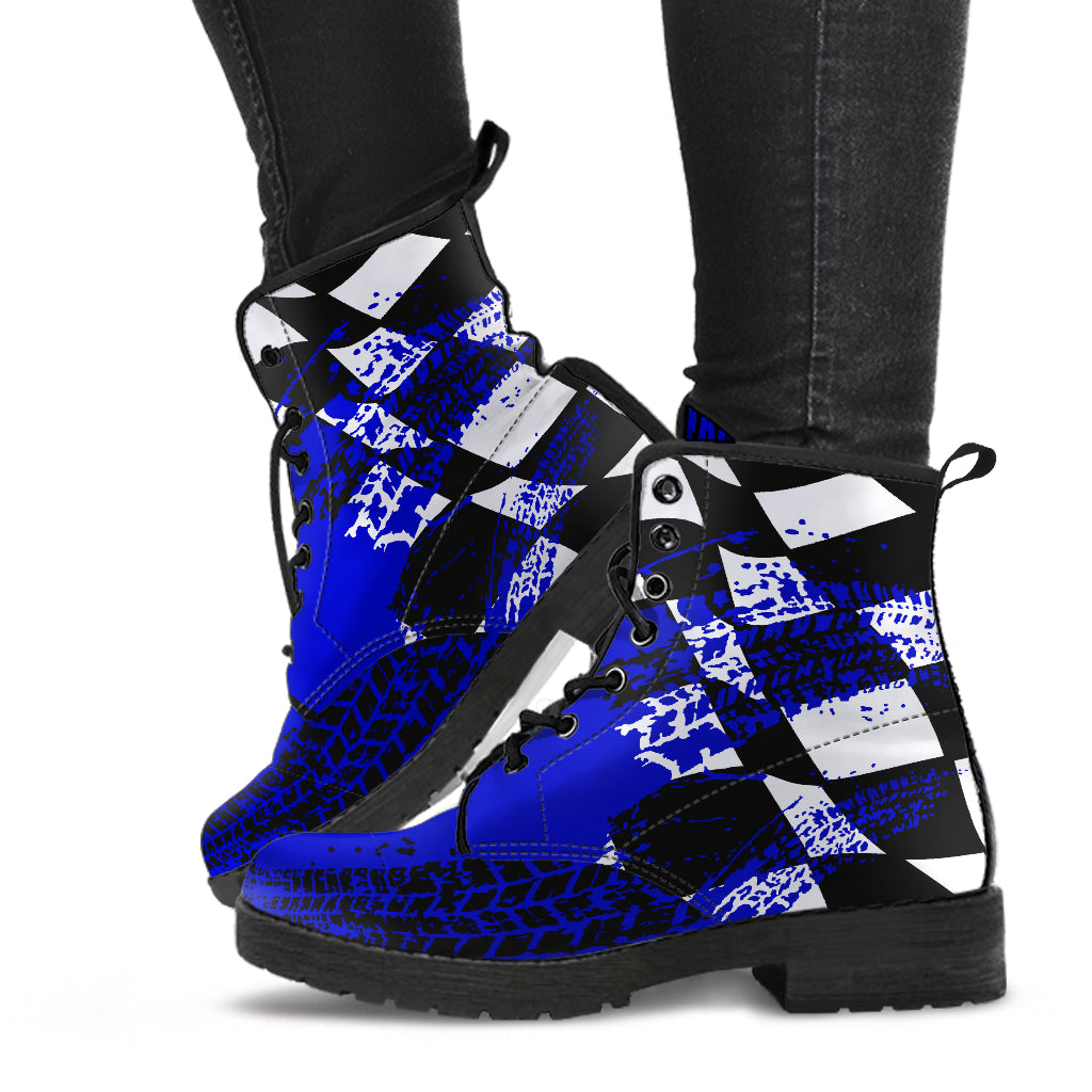 Deep Blue Racing Girl Boots with a custom double-sided racing print and white laces.