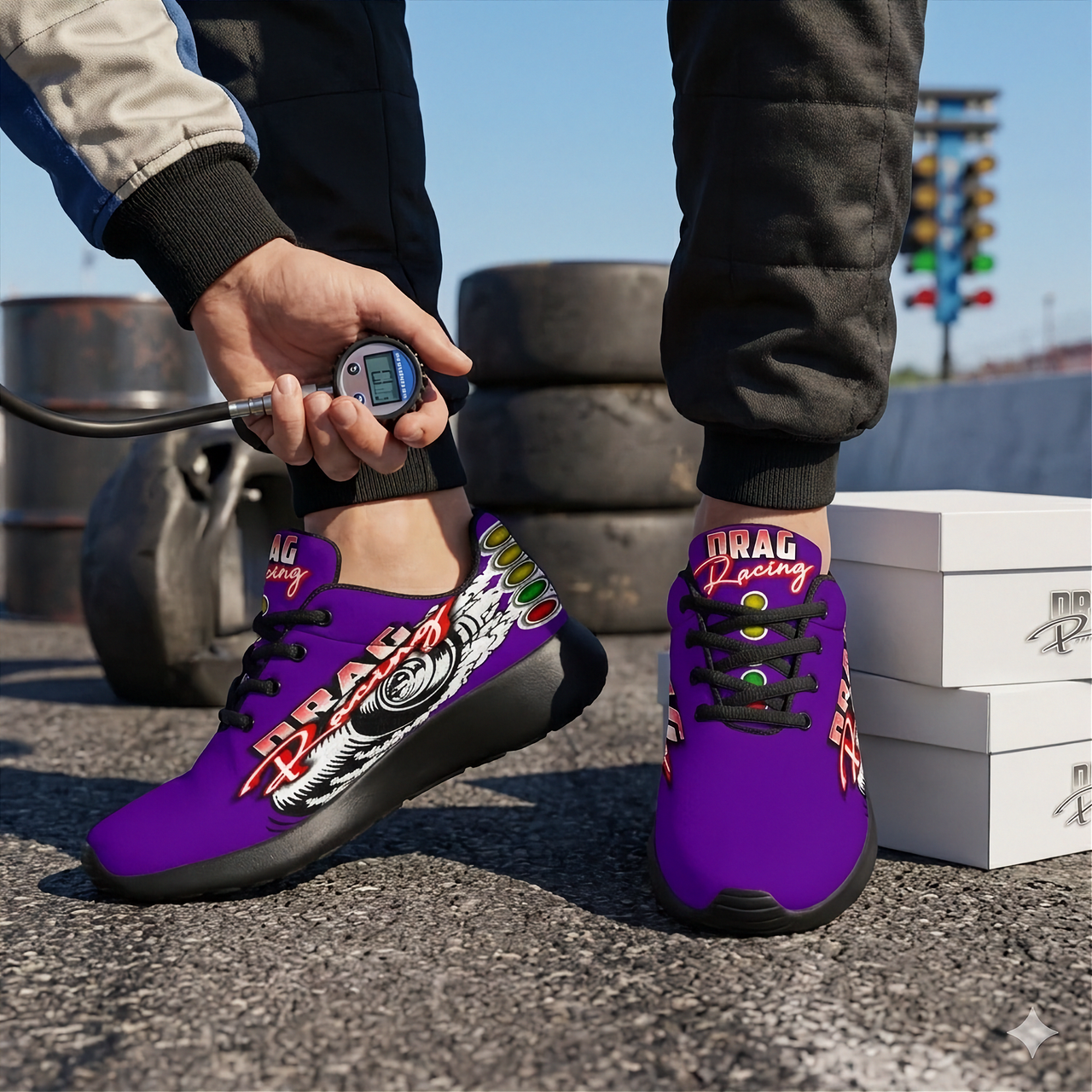 Deep purple drag racing sneakers with breathable mesh and EVA traction.