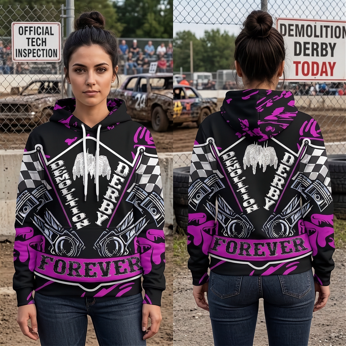 A woman modeling a black hoodie with a bright pink and white racing-themed graphic print, shown from both the front and back views against a dirt track background.