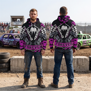 Two men standing outdoors at a dirt track event, wearing matching black hoodies with a large pink, white, and gray racing graphic and the word FOREVER across the front and back. One man faces forward and the other faces backward to show the design.