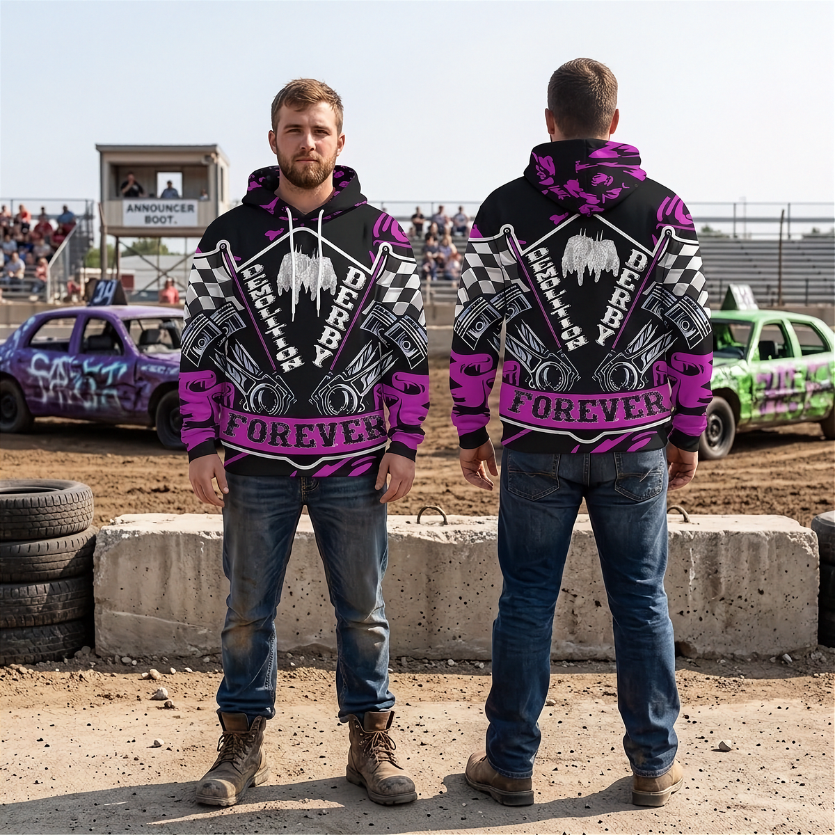 Two men standing outdoors at a dirt track event, wearing matching black hoodies with a large pink, white, and gray racing graphic and the word FOREVER across the front and back. One man faces forward and the other faces backward to show the design.